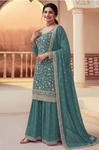 Teal heavy sequins & embroidery dress material with scalloped border dupatta