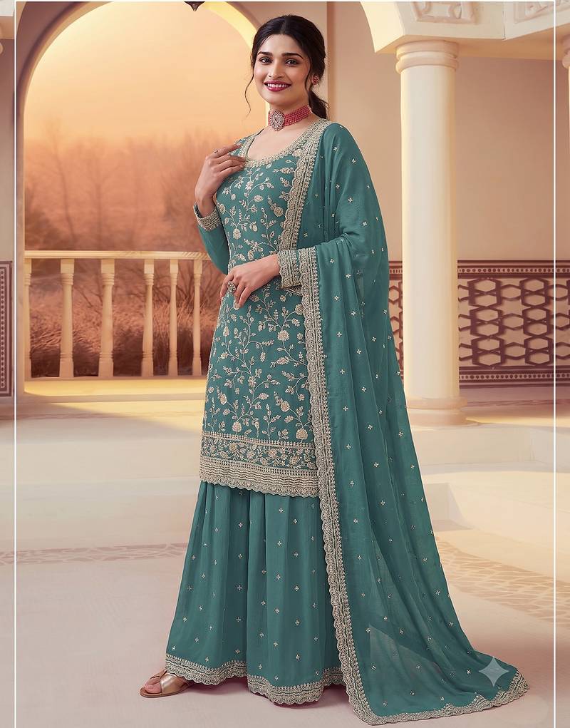 Teal heavy sequins & embroidery dress material with scalloped border dupatta