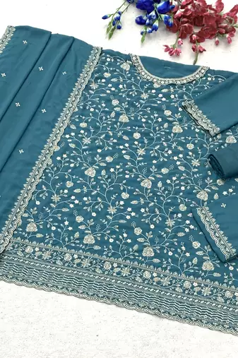 Teal heavy sequins & embroidery dress material with scalloped border dupatta