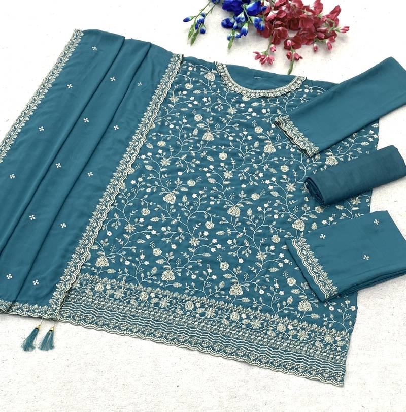 Teal heavy sequins & embroidery dress material with scalloped border dupatta