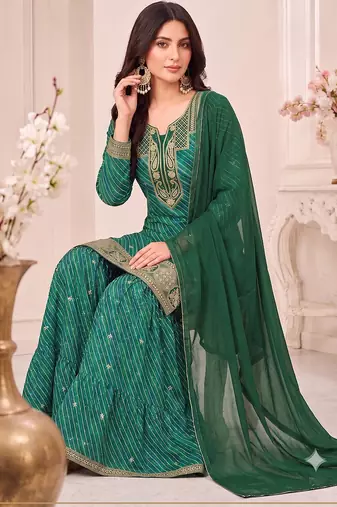 Green leheriya print embroidered georgette kurta set with dupatta