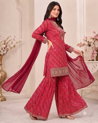 Red leheriya print embroidered georgette kurta set with dupatta 3