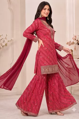 Red leheriya print embroidered georgette kurta set with dupatta