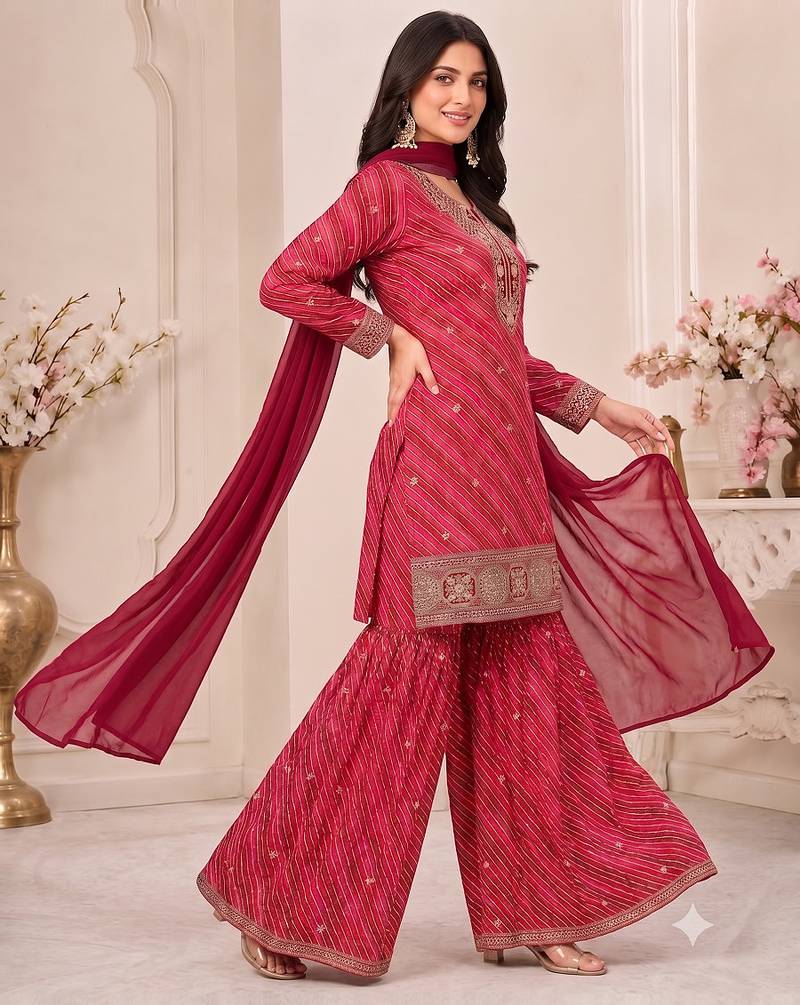 Red leheriya print embroidered georgette kurta set with dupatta