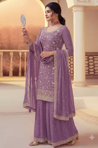 Lavender heavy sequins & embroidery dress material with scalloped border dupatta