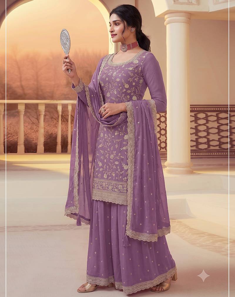 Lavender heavy sequins & embroidery dress material with scalloped border dupatta