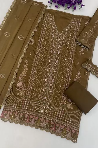 Mehendi heavy embroidery kurti set with scallop border dupatta | festive designer suit