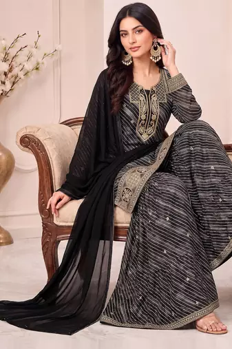 Black leheriya print embroidered georgette kurta set with dupatta