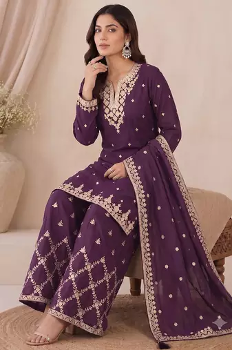 Designer wine color zari work pakistani suit piece with heavy border dupatta for women