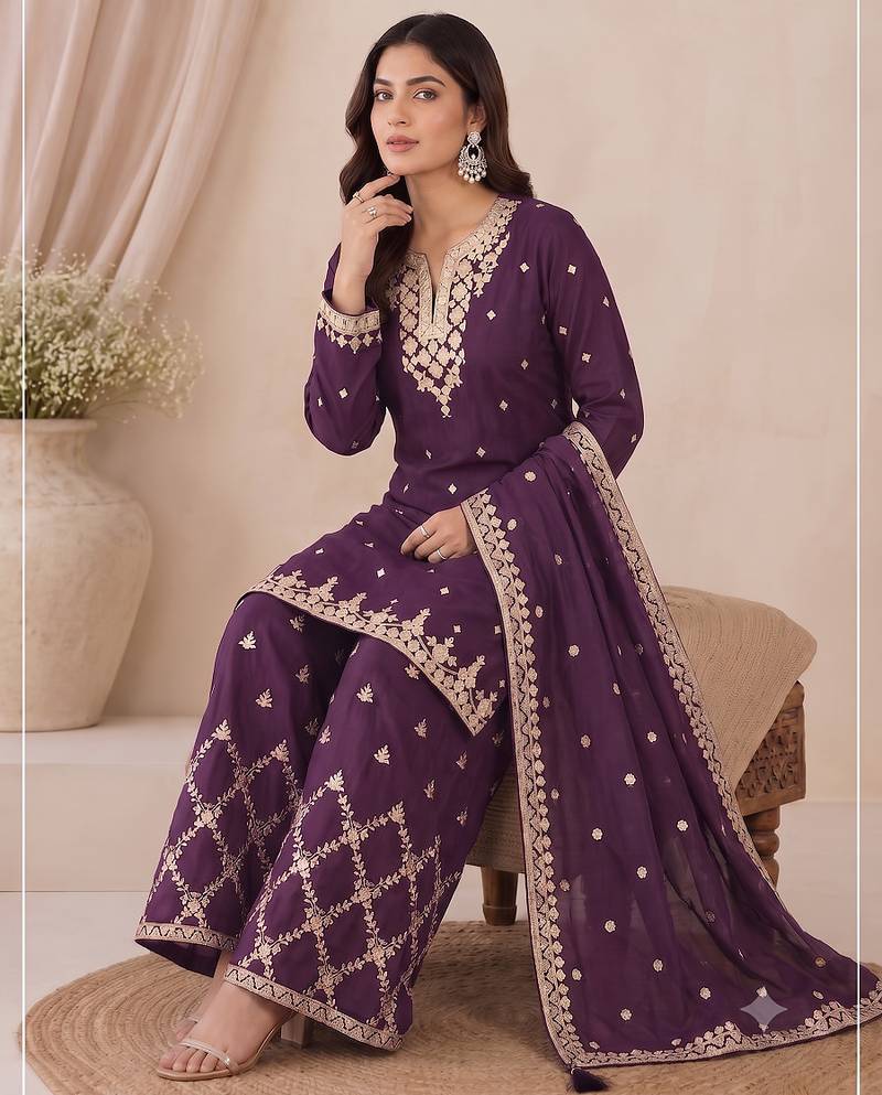 Designer wine color zari work pakistani suit piece with heavy border dupatta for women