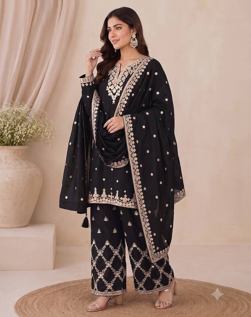 Designer black color zari work pakistani suit piece with heavy border dupatta for women