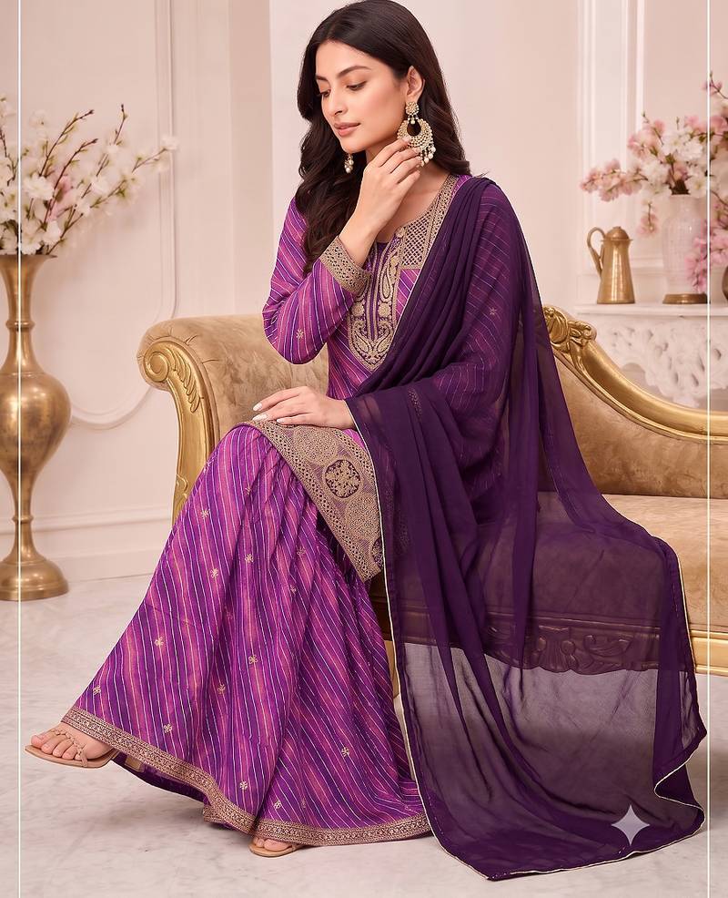 Pink  leheriya print embroidered georgette kurta set with dupatta