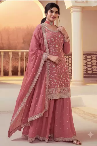 Peach heavy sequins & embroidery dress material with scalloped border dupatta