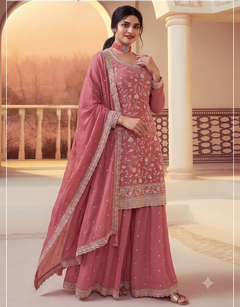 Peach heavy sequins & embroidery dress material with scalloped border dupatta