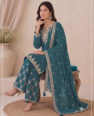Designer teal color zari work pakistani suit piece with heavy border dupatta for women 2