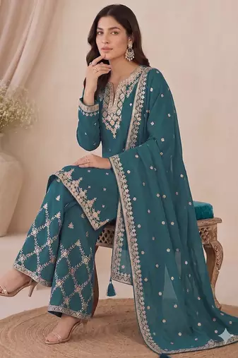 Designer teal color zari work pakistani suit piece with heavy border dupatta for women