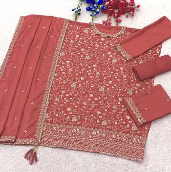 Peach heavy sequins & embroidery dress material with scalloped border dupatta 4