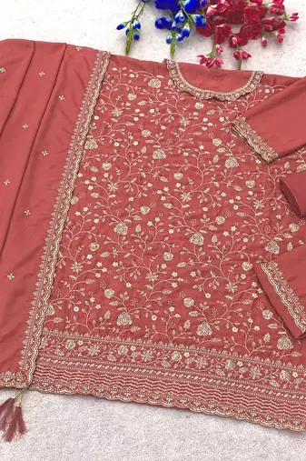 Peach heavy sequins & embroidery dress material with scalloped border dupatta