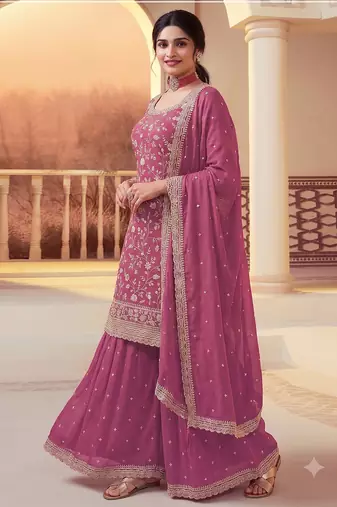 Pink heavy sequins & embroidery dress material with scalloped border dupatta