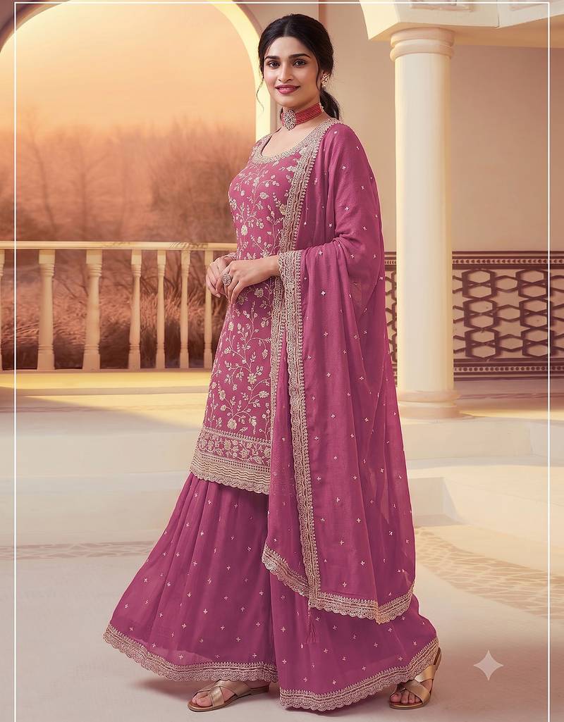 Pink heavy sequins & embroidery dress material with scalloped border dupatta