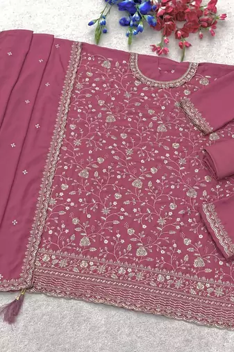 Pink heavy sequins & embroidery dress material with scalloped border dupatta