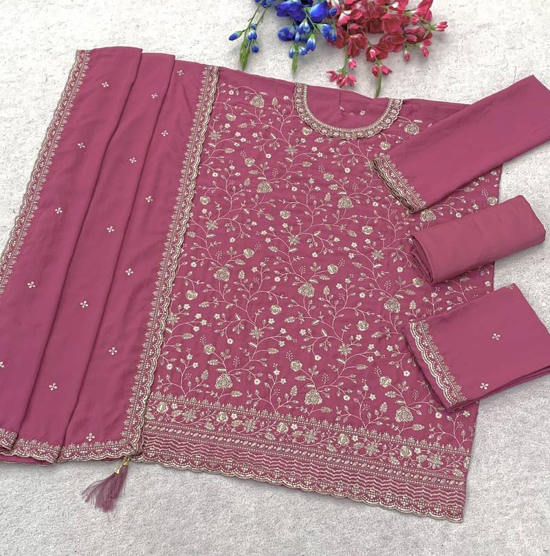 Pink heavy sequins & embroidery dress material with scalloped border dupatta