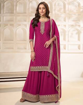 Pink embroidered unstitched salwar suit material with heavy border dupatta 1