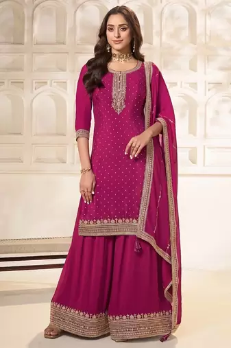 Pink embroidered unstitched salwar suit material with heavy border dupatta