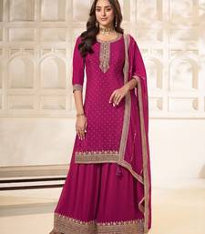 Pink embroidered unstitched salwar suit material with heavy border dupatta