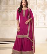 Pink embroidered unstitched salwar suit material with heavy border dupatta