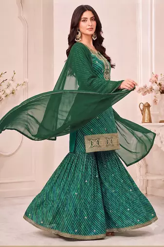 Green leheriya print embroidered georgette kurta set with dupatta