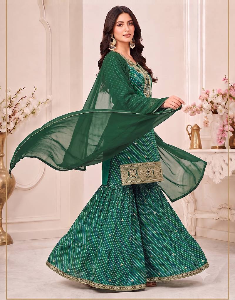 Green leheriya print embroidered georgette kurta set with dupatta