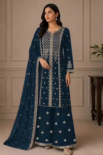 Teal zari work straight kurta with bottom & scallop dupatta set