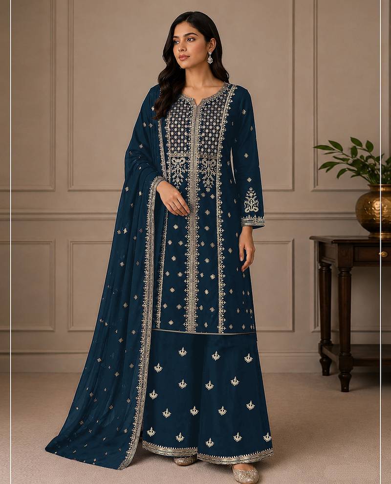 Teal zari work straight kurta with bottom & scallop dupatta set