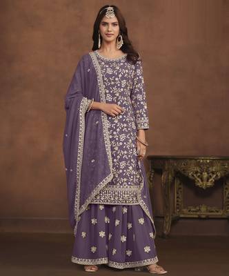 majestic lavender embroidered georgette sharara salwar suit 1