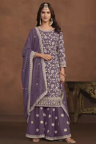 majestic lavender embroidered georgette sharara salwar suit