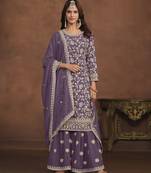 majestic lavender embroidered georgette sharara salwar suit
