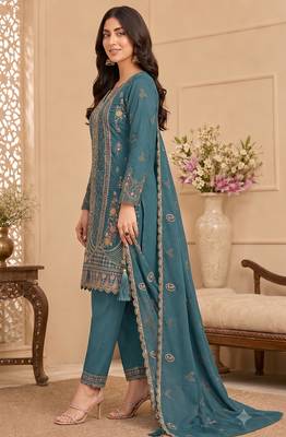 Teal blue heavy embroidery kurti set with scallop border dupatta | festive designer suit 3