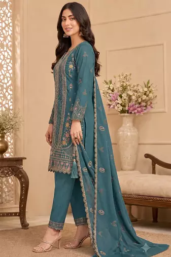 Teal blue heavy embroidery kurti set with scallop border dupatta | festive designer suit