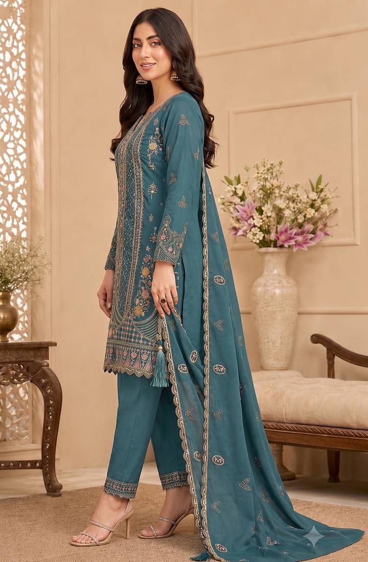 Teal blue heavy embroidery kurti set with scallop border dupatta | festive designer suit