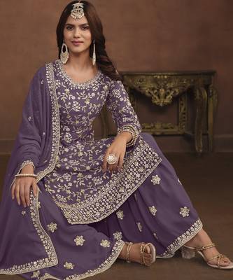 majestic lavender embroidered georgette sharara salwar suit 2