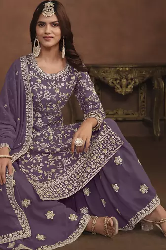 majestic lavender embroidered georgette sharara salwar suit