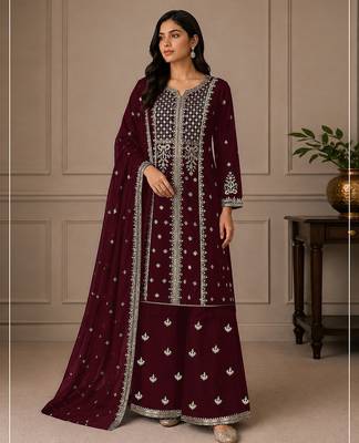 Maroon zari work straight kurta with bottom & scallop dupatta set 1