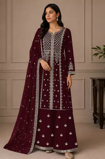 Maroon zari work straight kurta with bottom & scallop dupatta set
