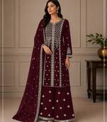 Maroon zari work straight kurta with bottom & scallop dupatta set