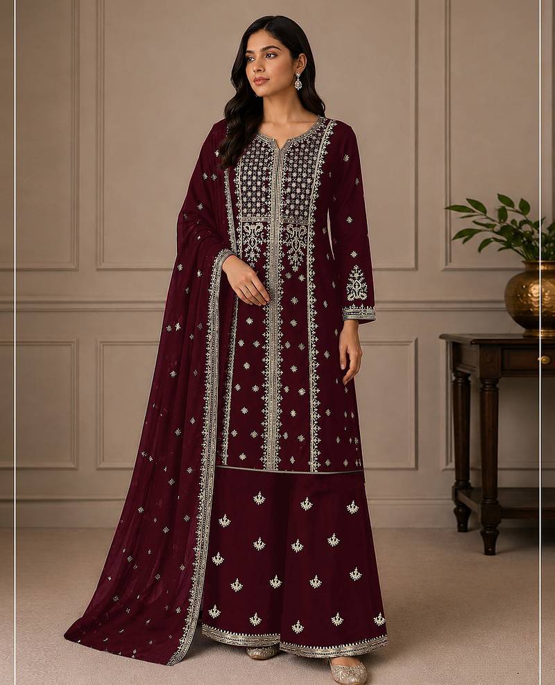 Maroon zari work straight kurta with bottom & scallop dupatta set