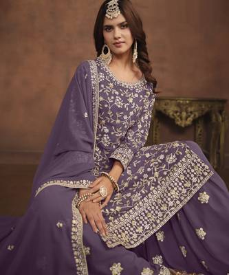 majestic lavender embroidered georgette sharara salwar suit 3