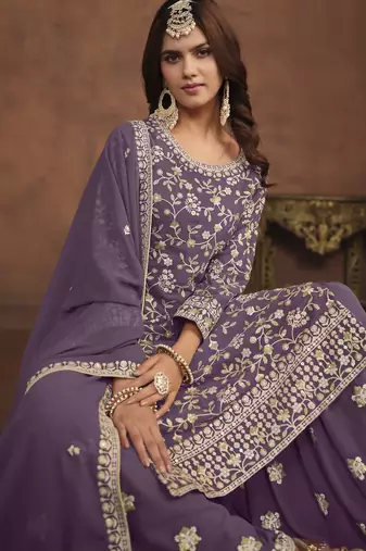 majestic lavender embroidered georgette sharara salwar suit