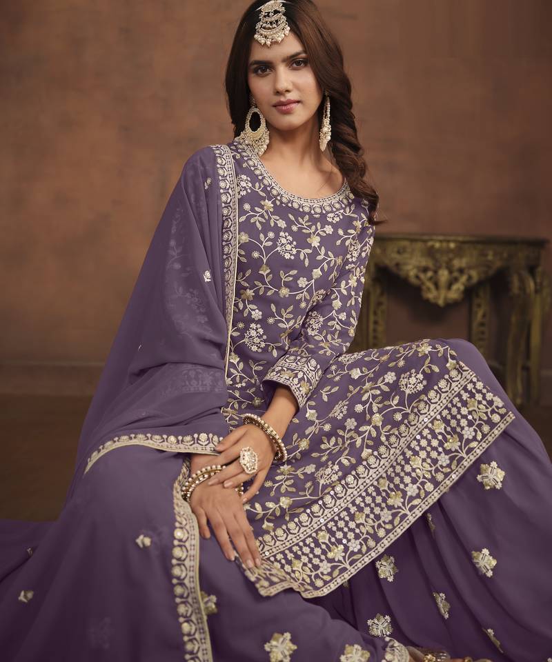 majestic lavender embroidered georgette sharara salwar suit
