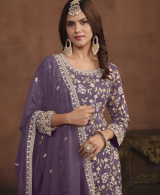 majestic lavender embroidered georgette sharara salwar suit 4
